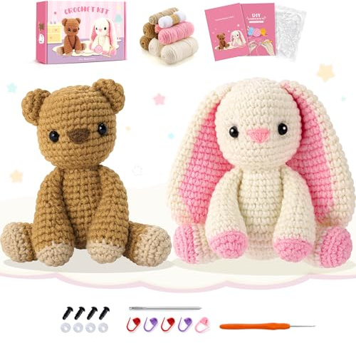 Bear Crochet Kit for Beginners Crocheting Bunny Kit with Instruction, Bear Knitting Kits Animal Kit Crochet Beginners Crochet Animals Crocheted Starter Kit Complete Knitting Set (Brown White)
