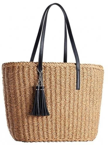 YXILEE Straw Bags For Women | M Size Travel Straw Totes Bag Woven Summer Handmade Shoulder Bag Handbag (black)