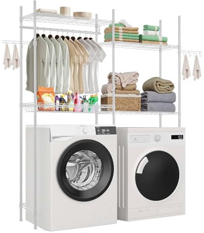 VEVOR Étagère de rangement pour lave-linge et sèche-linge à 4 niveaux, étendoir à linge avec tringle et crochets, étagères réglables à deux rangées, gain de place, pour buanderie, salle de bain, blanc