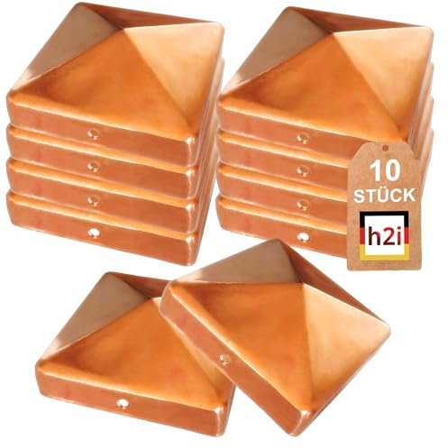 h2i Pfostenkappe | Kupfer | 71 x 71 mm | 10 Stück | Eckige Abdeckkappe für Garten Holzpfosten Pfostenträger & Zaunpfosten in Pyramidenform | Wetterschutz für Holz-Balken & Pfosten