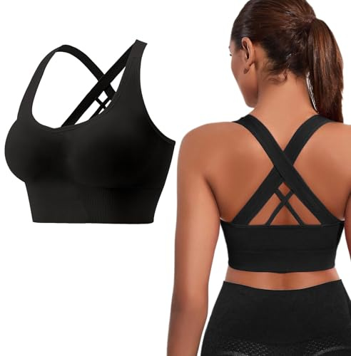 FUIPVGI Reggiseno Sportivo da Donna Reggiseno Senza Cuciture Donna Push Up Comfort con Imbottiture Rimovibili Cuciture con Abbigliamento Sportivo Cinghie Incrociate Top per Yoga Gym Boxing(Nero)