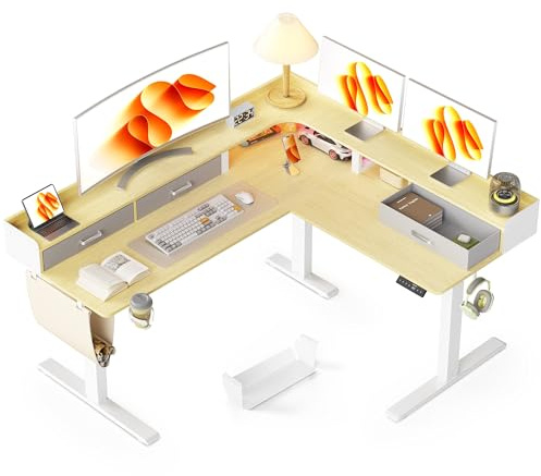 WALKINGDESK Höhenverstellbarer Eckschreibtisch 160 x 140 cm | Elektrischer L-förmiger Schreibtisch mit Monitorstände, 3 Schubladen, Computertisch für Homeoffice Gaming, Eiche