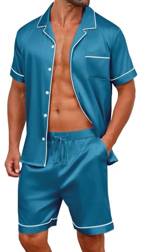 Vssjavun Men Silk Satin Pajamas Set Button Down Sleepwear Short Sleeve Pjs Set Soft 2 Piece Lounge Set Nightwear with Pockets Peacock Blue