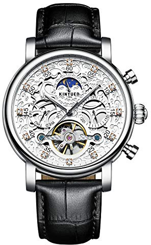 W WOLF-CUB Tourbillon herrklockor automatisk mekanisk affärsarmbandsur vattentät läderrem klocka för man skelett kalender månfas Reloj Hombre, Svart och vitt, Företag