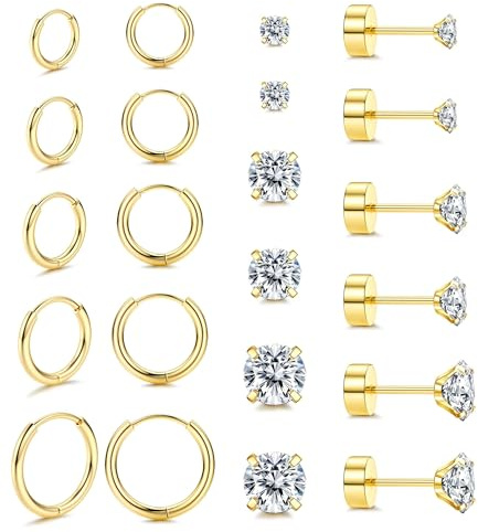 Dochais 11-12 Paar 316L Chirurgenstahl Ohrringe Gold Solber Set fur Damen Herren 18K Vergoldetes Hypoallergene Cubic Zirkonia Ohrstecker & Knorpel Ohrring Creolen für Damen mehrfache Piercings