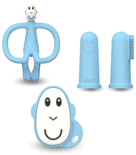 Matchstick Monkey Zahnungs Starter-Set – Flacher Beißring, Tier-Beißring & 2 Silikon-Fingerzahnbürsten, BPA-frei, Förderung der Feinmotorik, ab 3 Monaten, Geschenkset, Hellblau