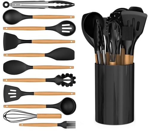 Kitchen Utensil Set, 12 PCS Silicone Cooking Utensils Set with Wooden Handle, Nonstick Cookware Tongs Spatula Spoon Set, Heat Resistant, Dishwasher Safe, Best Kitchen Tools (Black)