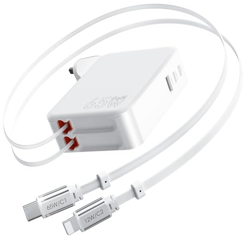 Aimtel 5 in1 Retractable Phone Charger 65W USB C Charger Retractable Cable & 3 Port PD Power Adapter with GaN Fast Wall Charger Plug UK for MacBook, laptops, iPhone 17-8, Galaxy S Series, iPad, Pixel