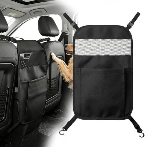 Red Coche Perro, Red Separadora Maletero, Organizador con Malla Oxford de Doble Capa y Bolsillo, Barrera Coche Perro con Hebillas y Ganchos Ajustables, Reja Coches Perros para SUV y Todoterrenos