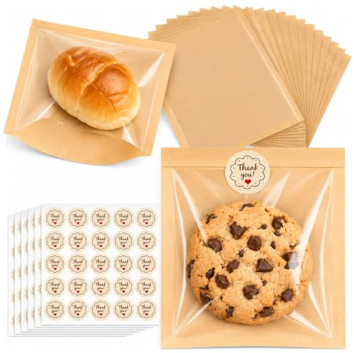 Cookie Bags with Window, 100pcs Kraft Paper Heat Seal Cookie Bags, Bread Bags for Homemade Bread & Sourdough, Sweet Bags with Seal for Bakery Cake Biscuit Packaging, 5.7x6.5 Inch