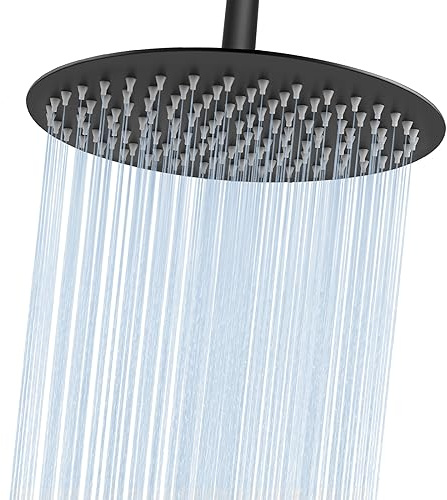 Alcachofa de ducha redonda de 10 pulgadas, color negro mate y de alta presión, de acero inoxidable con boquilla de silicona ultra fina con articulación esférica giratoria