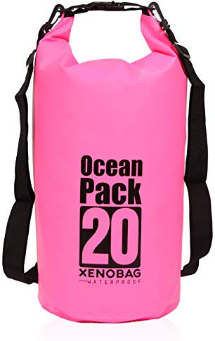 XENOBAG Wasserfeste Tasche 3 Liter o. 20 Liter/Dry Bag/Ocean Pack 3l o. 20l / wasserdichter Beutel/Drybag mit verstellbarem Schultergurt und Sicherheitsverschluss (Pink, 20 Liter)