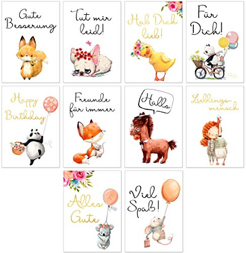 OLGS Postkarten Set mit 10 schönen Karten | Lovely Animals Sprüche Grußkarten | Gold Zitaten Motivationskarten | Spruchkarten, Lebensweisheiten, verschiedene Anlässe Geburtstag, Hochzeit, Baby, Trauer