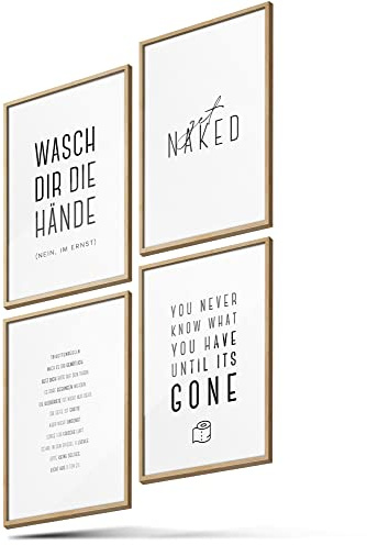 BLCKART Poster-Set Badezimmer - 4 moderne Wandbilder mit Sprüchen - Premium Poster für Bad - Bilder zur Wanddekoration - Größe A5