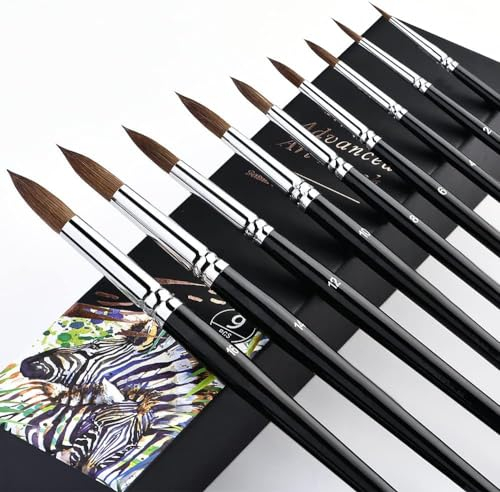 9Stk Kolinsky Aquarellpinsel Set Watercolor Brushes Set Sable Professional Runde Art Paintbrush Kit für Aquarell Acryl Inks Tinte Gouache Tempera