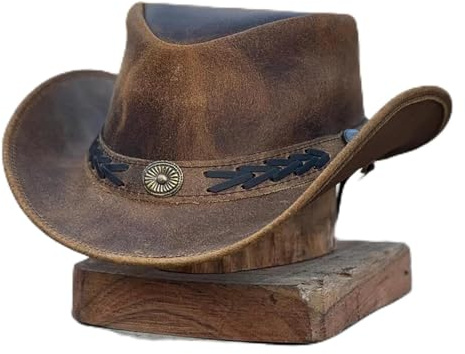 Australian Western Cowboy Style Crazy Horse Real Leather Bush Hat L Brown