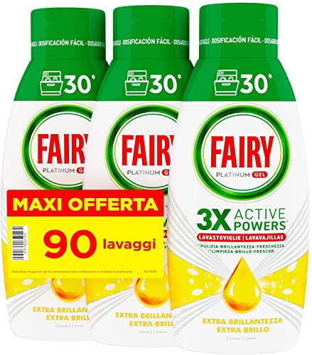Fairy Platinum Geschirrspüler, Gel-Spülmaschine, glänzend, 90 Waschgänge, Packung mit 3 Flaschen, extra glänzend, Zitronenduft