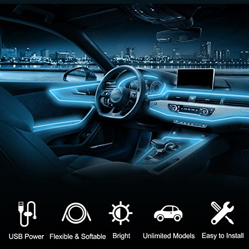 WOWLED Ice Blue El Wire Luces interiores del automóvil, kit de luz de cable de neón USB para iluminación ambiental del automóvil Atmósfera LED Tira interior del automóvil Decoración Borde (3m / 5V)