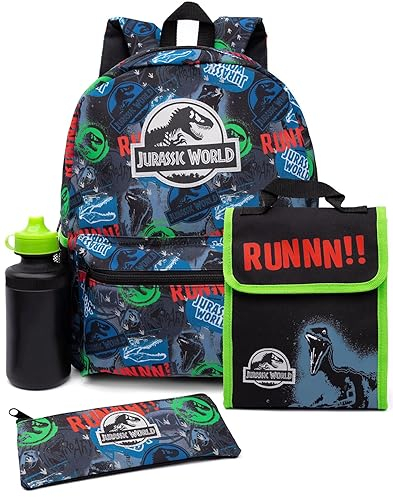 Jurassic World Backpack and Lunch Box Set for Kids | 4 Piece Dominion Movie T-Rex School Rucksack, Lunch Bag, Pencil Case & Water Bottle One Size