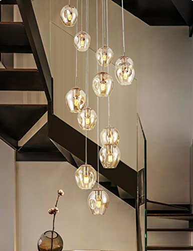 Kinbolas Moderne Escalier Suspendu Lustre,Plafonnier Lustre Verre Boule Suspension,Lampe Led,Grand Multi Ampoule Luminaire Suspendu Pour Salon,Cage Descalier,Couloir,Villa (10 lights)