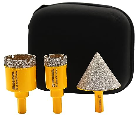 HIGHDRIL Diamant Lochsägen Set - (25mm Bohrer+35mm Bohrer+50mm Fase) Diamant Kernbohrer Set für Porzellan, Keramik, Granit, Marmor und harte Materialien (Dreikant-Schaft)