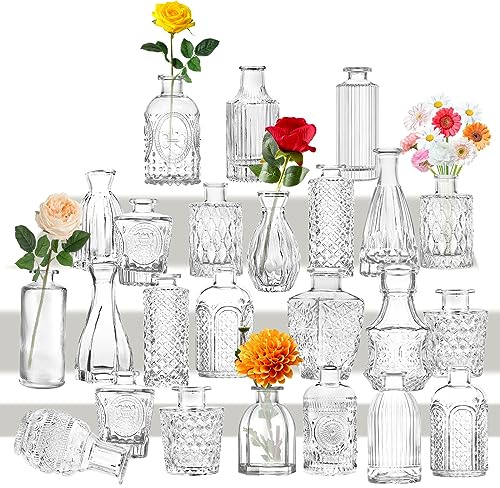 Set di piccoli vasi da 24 mini vasi in vetro vintage per matrimoni, cristalli trasparenti di diverse dimensioni, moderni, sottili, decorazione da tavolo, per fiori, soggiorno, bagno, regalo per la