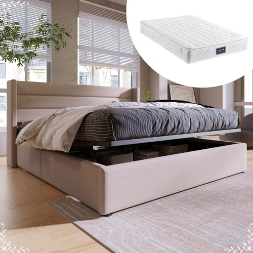 KnSam Cama acolchada hidráulica de 140 x 200 cm, incluye colchón, somier de láminas de madera, cama con somier de láminas de metal, lino, beige