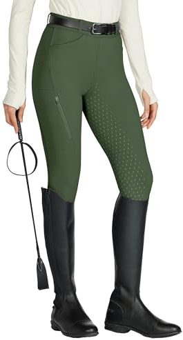 WILLIT Leggings da equitazione da donna con grip in silicone a seduta completa, vita alta, elasticizzati, con tasca con cerniera e passanti per cintura, verde militare, S