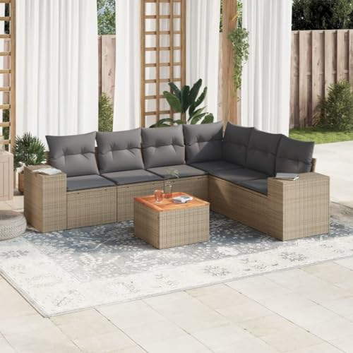 ULUYYUC 7-TLG. Garten-Sofagarnitur, Küchensofa Schlafsofa Eckbankgruppe Polsterbank Geeignet für Hinterhof Garten Balkon Außenbereich mit Kissen Beige Poly Rattan
