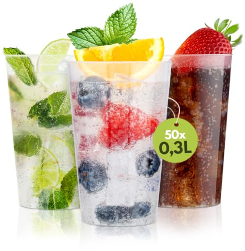 Trinklicht 50 Mehrwegbecher 0,3 L Plastikbecher Transparent Robust | Bruchsichere Trinkbecher, spülmaschinenfest, flexibler Kunststoff, für Kaltgetränke, Partybecher, Gastro & Events