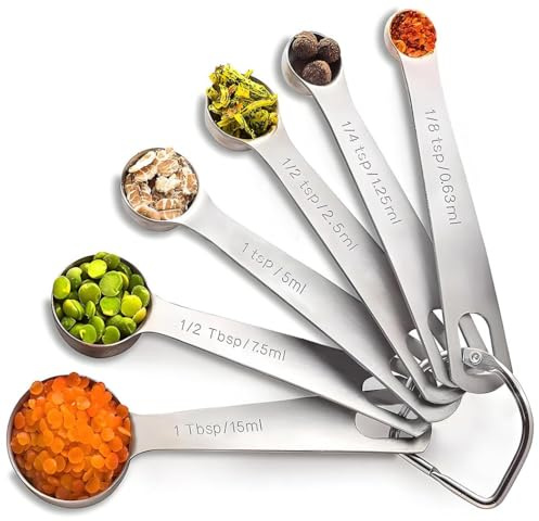 CLVEDU 6PCS Measuring Spoons Set, 1/8, 1/4, 1/2 TSP, 1 TSP, 1/2 tbsp, 1 tbsp, Stainless Steel for Cooking, Baking, Spice Jars and Liquid Ingredients
