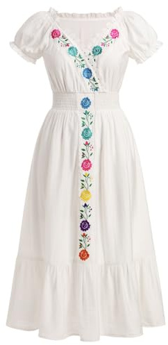 EFOGEP Vestido mexicano para mujer, vestido de fiesta tradicional de primavera y verano, manga corta, cuello en V, bordado floral, vestido de volantes, disfraz étnico, vestido de playa casual bohemio,