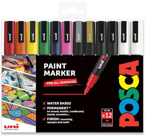 Uni Posca PC-3M Paint Pen Art Marker Pen - Professional 12 Pen Set - Extra Black + White
