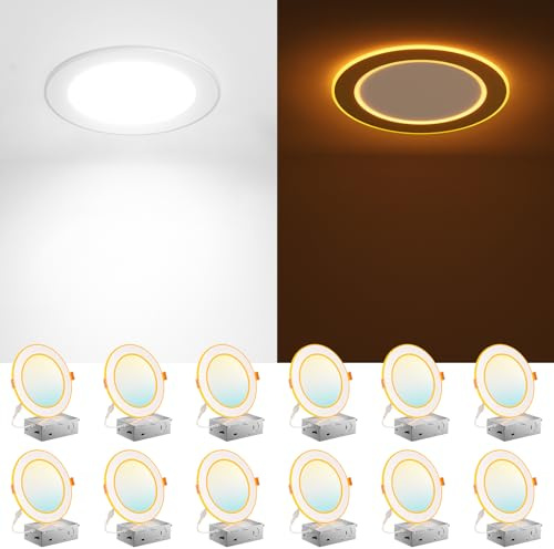 Amico 12 Pack 6 Inch 5CCT LED Recessed Ceiling Light with Double Ring Night Light, 2700-5000K Selectable Ultra-Thin Recessed Lighting, 12W=110W, 1100LM, Dimmable Canless Wafer Downlight, ETL, FCC