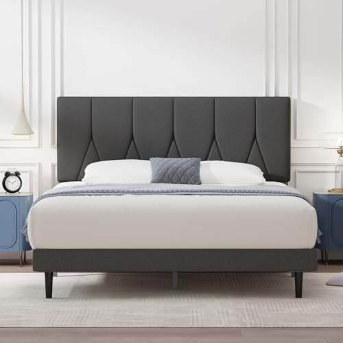 Yocreat Small Double Bed Frame with Headboard, Dark Grey, 120×190 | Upholstered, Wooden Slat, Headboard, Underbed Storage, No Box Spring Needed