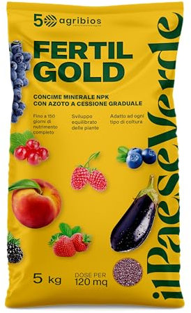 Il Paese Verde FertilGold 5kg - Concime Universale a Lenta Cessione di Altissima Qualità per Colture di Pregio. Ideale per Piante Ornamentali e da Frutto, Ortaggi, Piante Fiorite e Tappeti Erbosi.