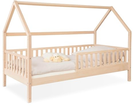 Ehrenkind® Hausbett Buche Livo | FSC Zertifiziert | Kinderbett mit Rausfallschutz | höhenverstellbar Massivholz | Kinder Bett | Hausbett 200x90 | Natur