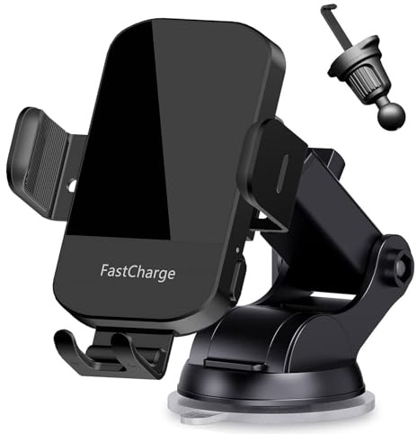 15W Wireless Car Charger Phone Holder - Qi Mount for iPhone 17 16 15 14 13 12 11 X Samsung S23 S22 S21 S20 - Auto Clamping Dash Windshield Vent - Fast Charging with Adapter - Universal Cradle