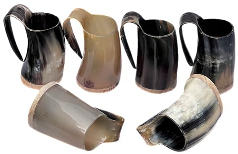 Viking Drinking Horn Mugs with Wooden Base – Medieval Beer Steins Tankard Set for Tea, Coffee, Wine, Beer | Unique Gifts for Men – Pack of 6