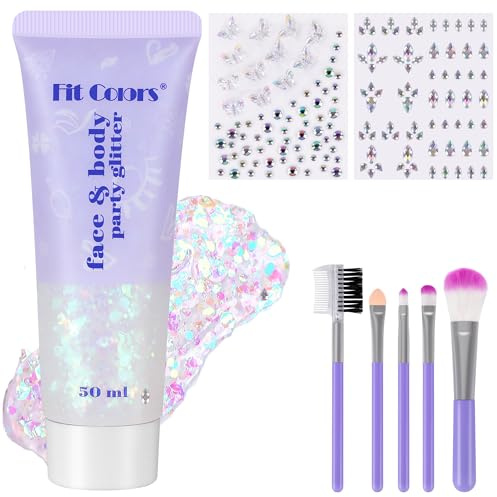 DazSpirit 50ml Body Glitter Gel Weiß mit 2x Glitzersteine Selbstklebend | Beinhaltet Pinsel, DIY Strasssteine Gesicht Festival, Sequins Chunky Glitzer Gel und Steine für Make Up, Gesicht, Körper