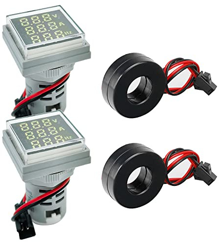 GUUZI 2 pezzi 22 mm Display a tre Cifre Corrente CA 20-500V, TIndicatore di Frequenza 20-70Hz, Ensione 0-100 A, Strumento di Misurazione Multifunzione a LED a testa Quadrata (bianco)