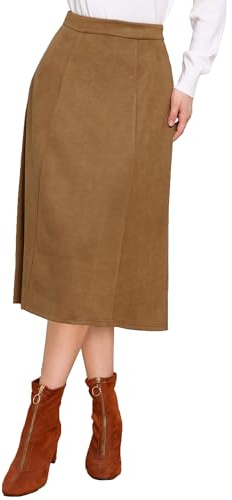 Allegra K Faldas midi de gamuza sintética para mujer, para el trabajo, casual, otoño e invierno, falda acampanada a la moda, marrón, X-Large