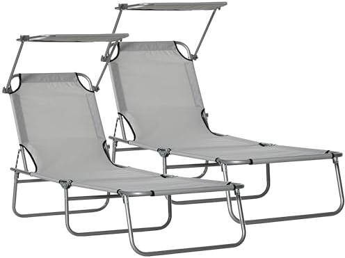 Outsunny Set de 2 Tumbonas Plegables Tumbonas de Jardín Exterior Reclinables con Toldo Desmontable con Ángulo Regulable Respaldo Ajustable en 4 Niveles para Terraza Piscina Patio 187x58x36 cm Gris