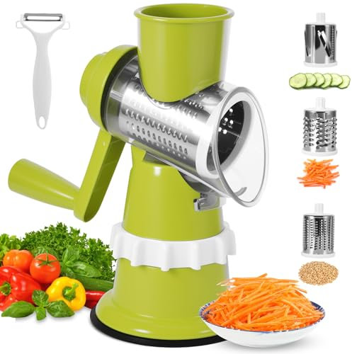 Viitech Rallador giratorio de queso, rallador de queso giratorio con 3 cuchillas de tambor y 1 pelador, rallador giratorio de verduras, ideal para queso, zanahoria, pepino, nueces