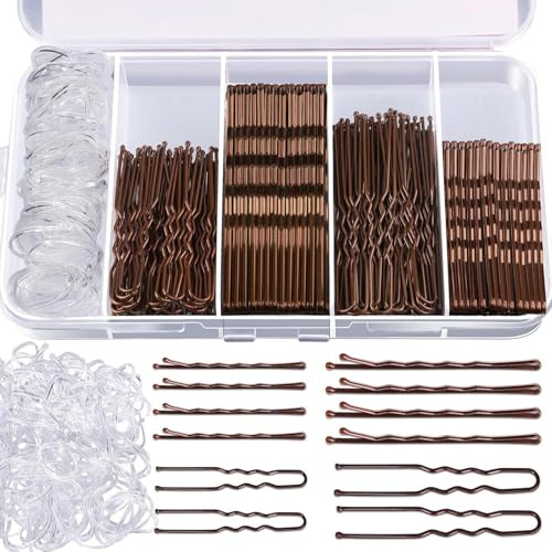 300Pcs Bobby Pins Kit, U-shaped Hair Clips and Hair Bands, Bobby Pins for Women Hair Pin for Buns, 2inch, 2.36inch, 2.75inch, Hair Grips Gold Hair Styling Accessories with Storage Box(Brown)