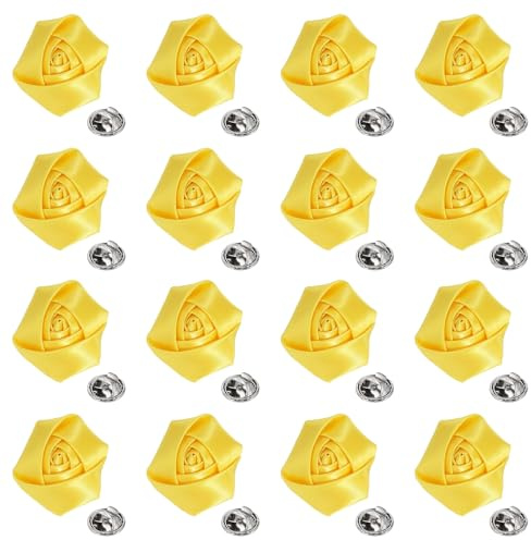 QUARKZMAN 16 Pcs Fleurs de Revers pour Hommes Costumes Jaune | Broche de Revers de 2 Pouces en Satin Rose Artificielle pour Hommes Boutonnières pour Mariage Fête Bal Cérémonie