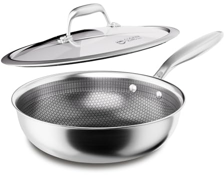COOKER KING 10-Inch Hybrid Stainless Steel Wok with Lid, Nonstick Stir Fry Pan & Deep Frying Pan, Tri-Ply Clad Honeycomb Everyday Pan, Induction Ready, Oven & Dishwasher Safe, PFOA Free