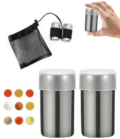 HUVZOR Mini Salzstreuer für Unterwegs, 2pcs Edelstahl Salzstreuer Klein mit Deckel, Gewürzflaschen Reise, Staubzuckerstreuer, Salz und Pfefferstreuer, für Restaurants Camping und Grill im Freien