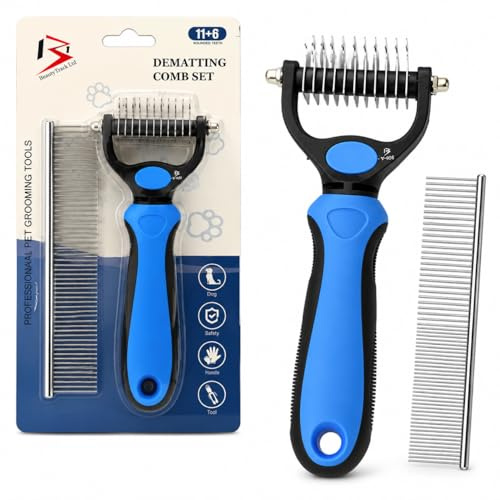 BeautyTrack Dematting Comb for Dog and Cat, Pet Grooming Rake and Brushes for Small & Medium Dogs 11+6 Double Sided Blade Deshedding Tool Removes Knots, Undercoat, Mats Tangled Hair (Blue, M)