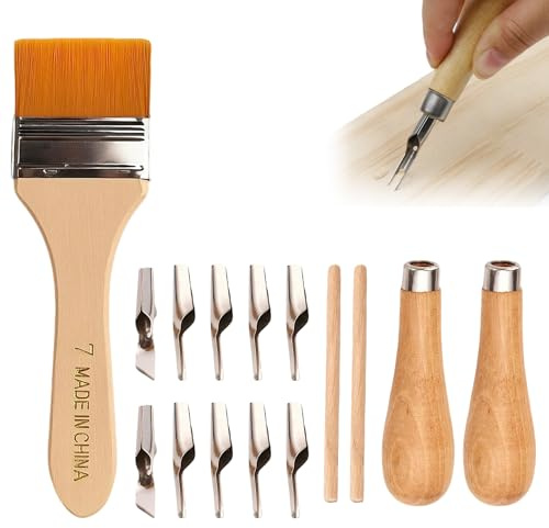 2 Set Lino Cutting Tool Kit, Linocut & Printmaking Carving Set with Replaceable Tips & Cleaning Brush for Sculpture Lino Printing Handicrafts & Stamp Projects